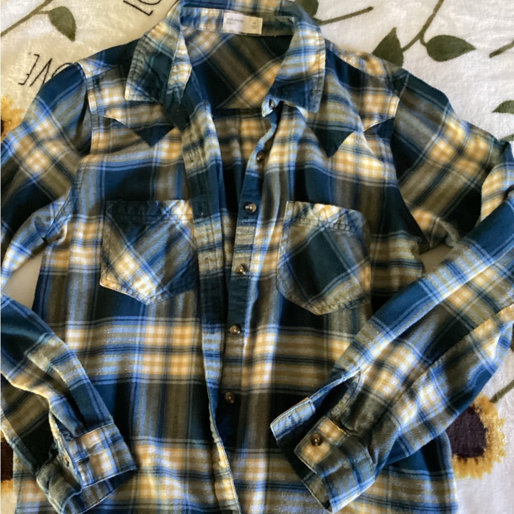 Maurice Flannel Shirt, Women’s MEDIUM, Navy Blue, Yellow, and White